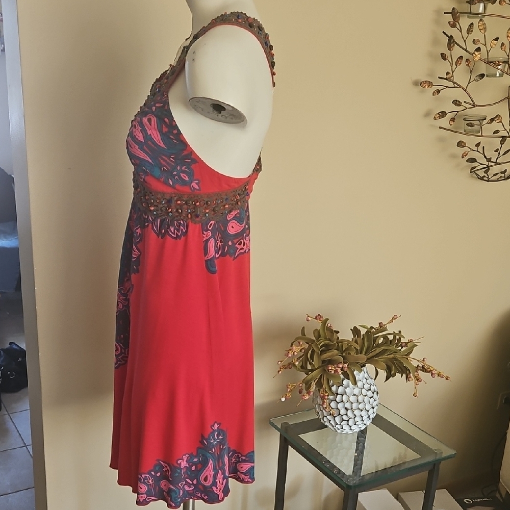 BEAUTIFUL FREE PEOPLE RED, PINK, AND BROWN BEADED TUNIC OR DRESS. NWOT. - Picture 8 of 16